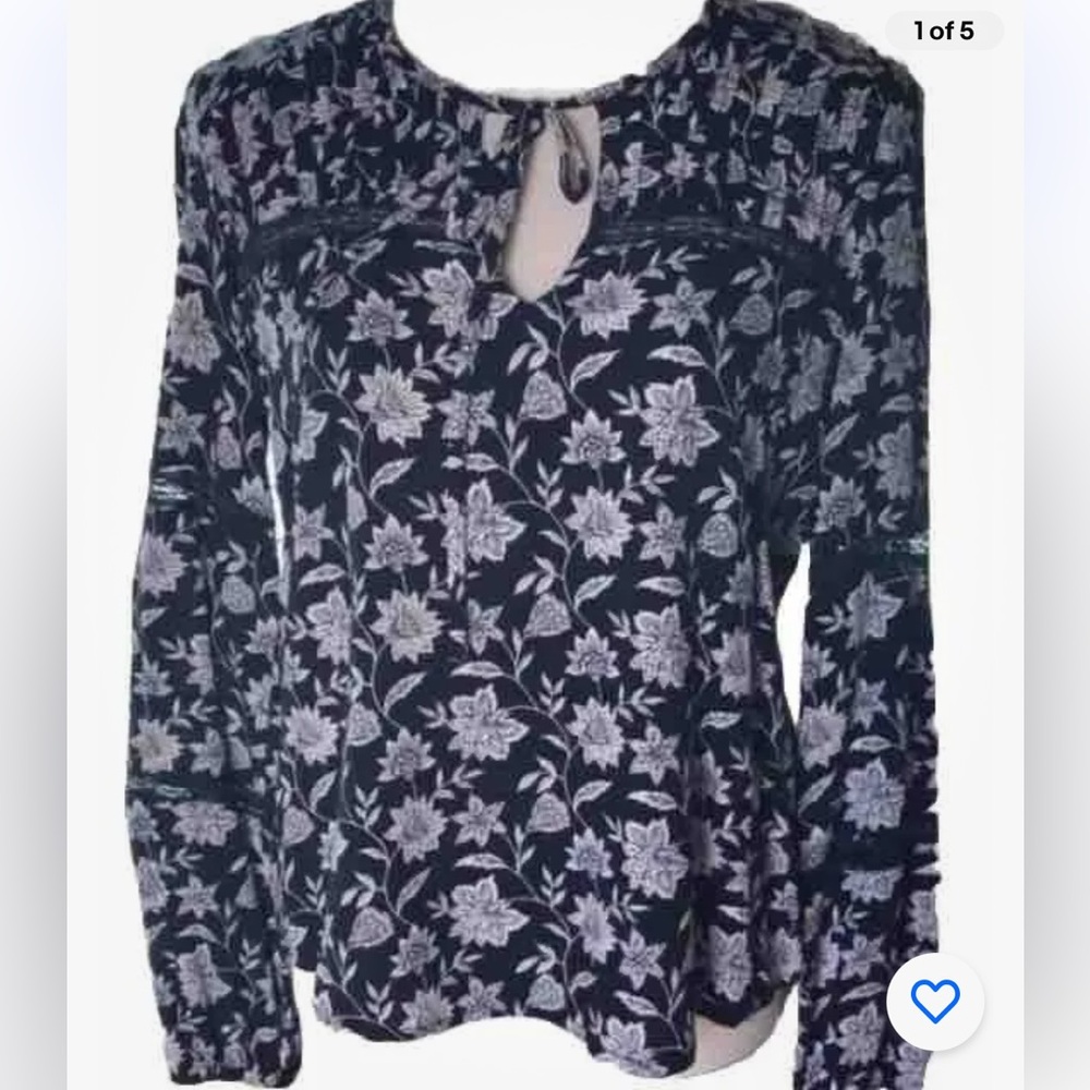 New Chelsea & Violet Navy and Cream Floral Design Peasant Blouse Size XS